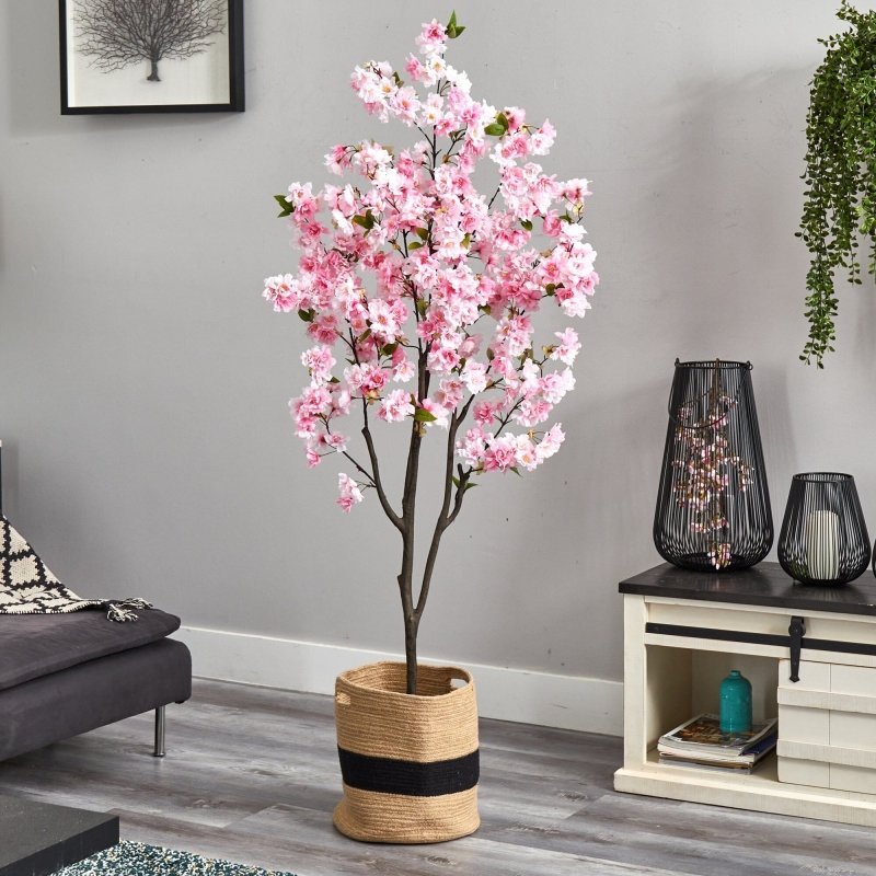 6’ Artificial Cherry Blossom Tree with Handmade Jute &amp; Cotton Basket - FCHF CITY