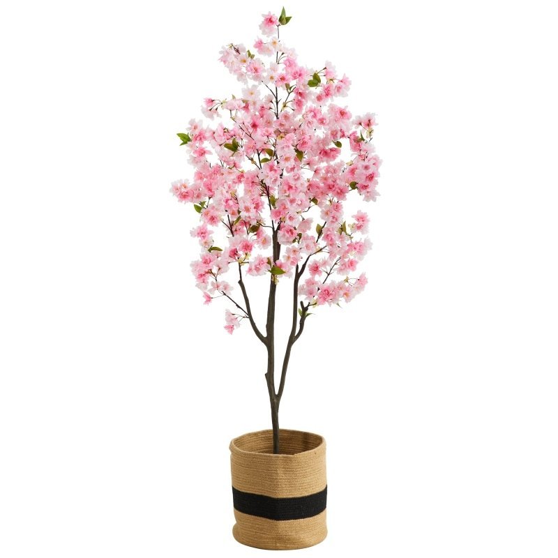6’ Artificial Cherry Blossom Tree with Handmade Jute &amp; Cotton Basket - FCHF CITY