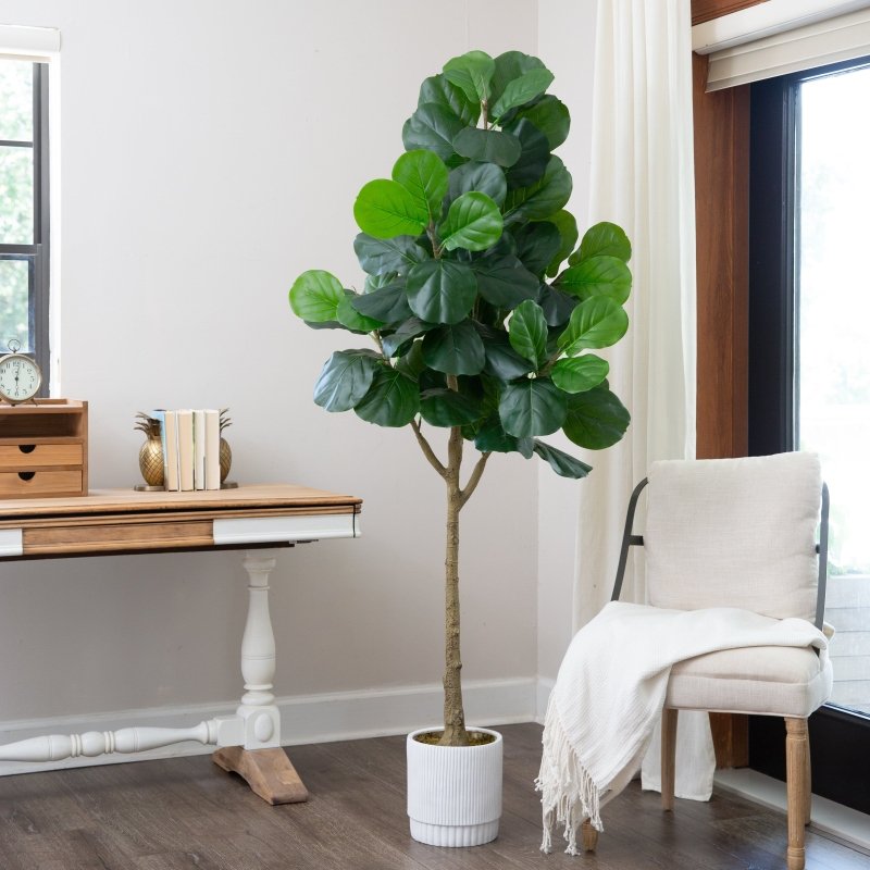 6’ Artificial Fiddle Leaf Fig Tree with White Decorative Planter - FCHF CITY