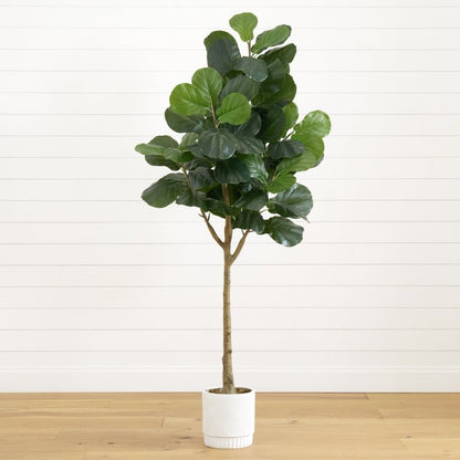 6’ Artificial Fiddle Leaf Fig Tree with White Decorative Planter - FCHF CITY