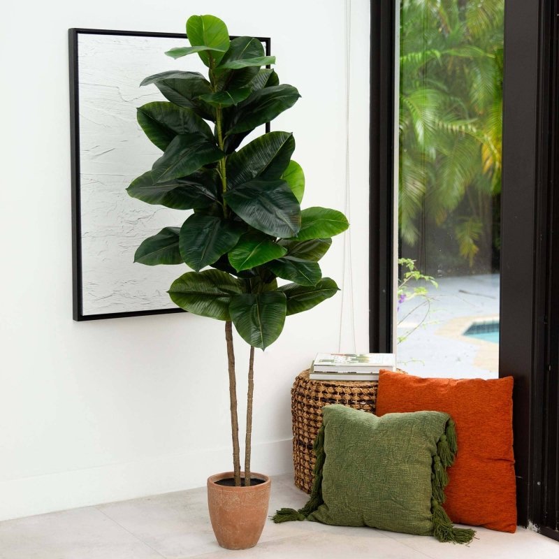 faux rubber tree 6' Artificial Rubber Tree in Decorative Planter with Real Touch Leaves – FCHF CITY