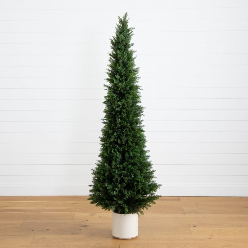 6’ UV Resistant Artificial Cedar Tree in Decorative White Planter (Indoor/Outdoor) - FCHF CITY