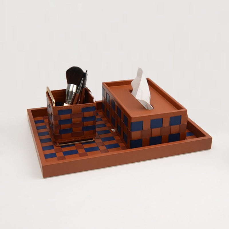 Modern Woven Checkered Storage Bin, Faux‑Leather Decor Organizer for Home