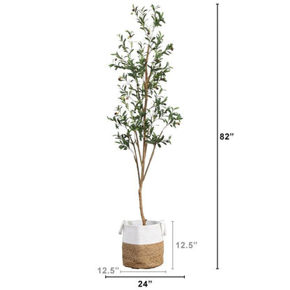 7’ Artificial Olive Tree with Natural Trunk and Handmade Jute Basket - FCHF CITY