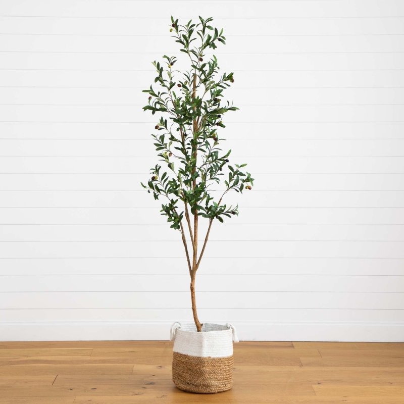 7’ Artificial Olive Tree with Natural Trunk and Handmade Jute Basket - FCHF CITY