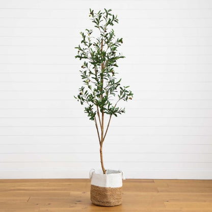 7’ Artificial Olive Tree with Natural Trunk and Handmade Jute Basket - FCHF CITY