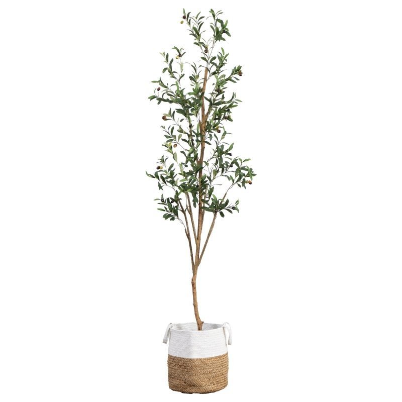 7’ Artificial Olive Tree with Natural Trunk and Handmade Jute Basket - FCHF CITY