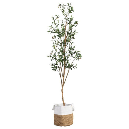 7’ Artificial Olive Tree with Natural Trunk and Handmade Jute Basket - FCHF CITY