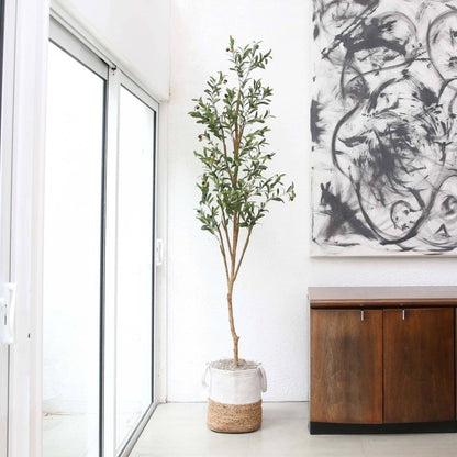 7’ Artificial Olive Tree with Natural Trunk and Handmade Jute Basket - FCHF CITY