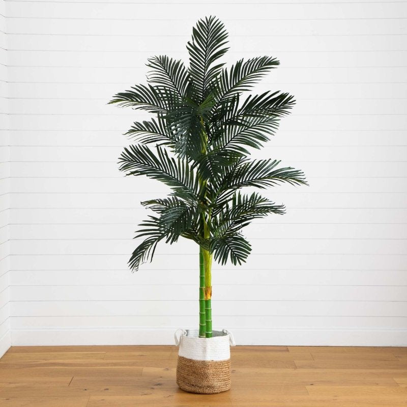 8’ Golden Cane Artificial Palm Tree in Handmade Natural Cotton Planter - FCHF CITY