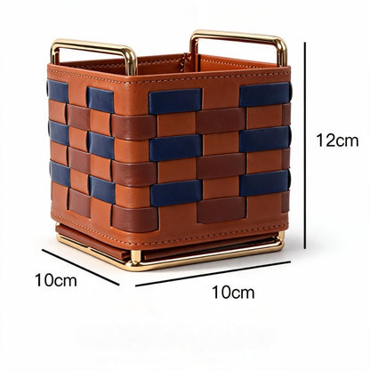 Modern Woven Checkered Storage Bin, Faux‑Leather Decor Organizer for Home