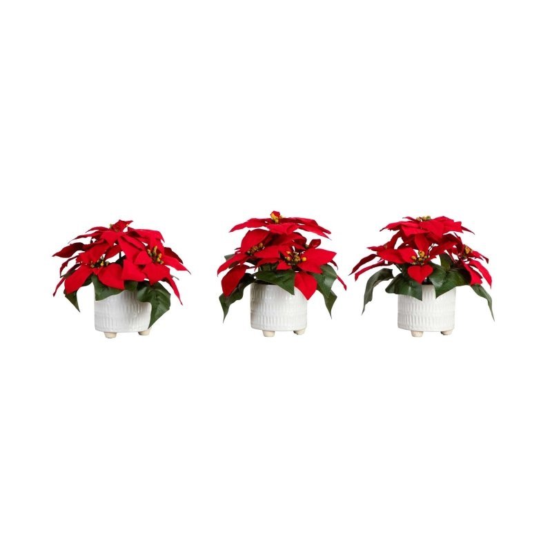 9” Artificial Poinsettia Arrangements in White Ceramic Pots - Set of 3 - FCHF CITY