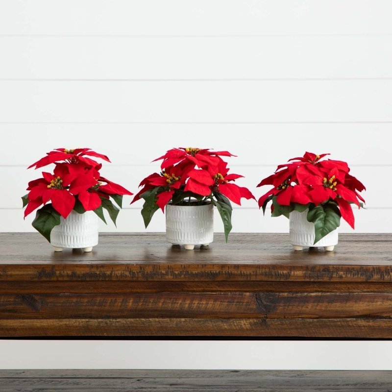 9” Artificial Poinsettia Arrangements in White Ceramic Pots - Set of 3 - FCHF CITY