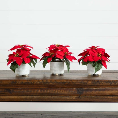 9” Artificial Poinsettia Arrangements in White Ceramic Pots - Set of 3 - FCHF CITY