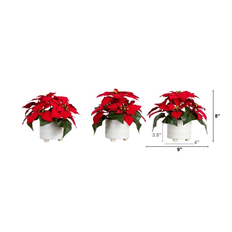 9” Artificial Poinsettia Arrangements in White Ceramic Pots - Set of 3 - FCHF CITY