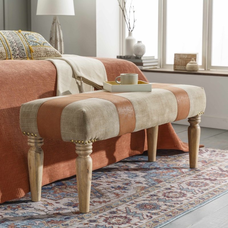 Albanel Vintage Brown Cotton&amp;Leather Bench - FCHF CITY