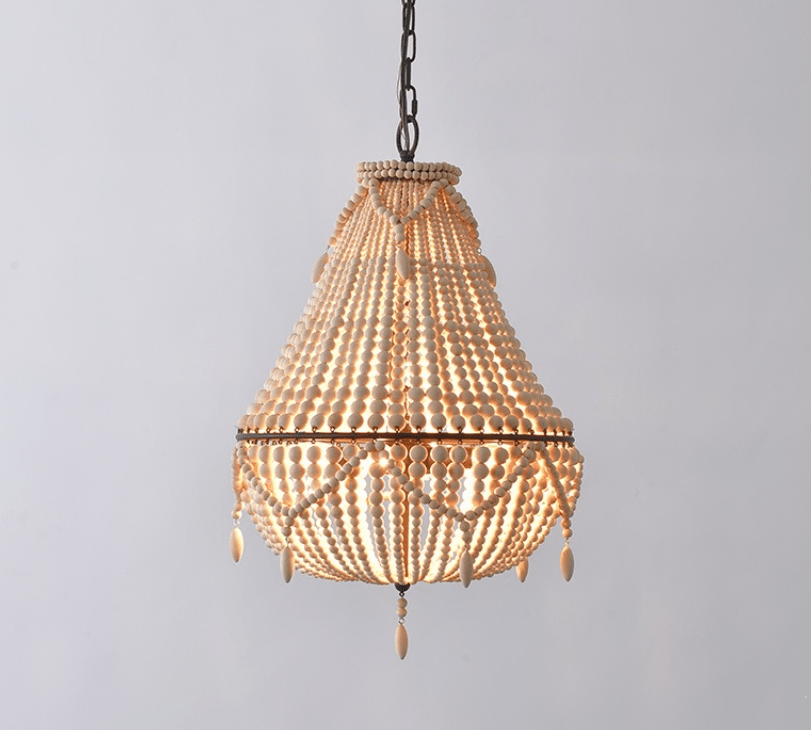 Antique White Bedroom 4-Light Chandelier Light with Wood Beads - FCHF CITY