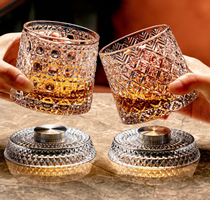 Crystal Embossed Rotating Whiskey Glass 2‑Pack - FCHF CITY