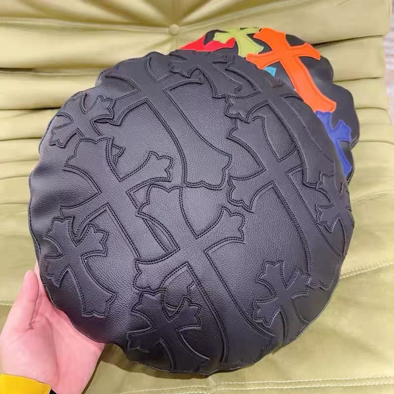 Iconic Cross Patch Black Leather Round Pillow - FCHF CITY