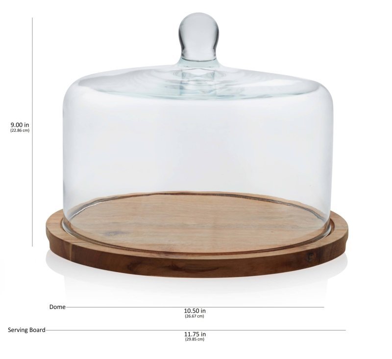 Libbey Acaciawood Flat Round Wood Server Cake Stand with Glass Dome - FCHF CITY