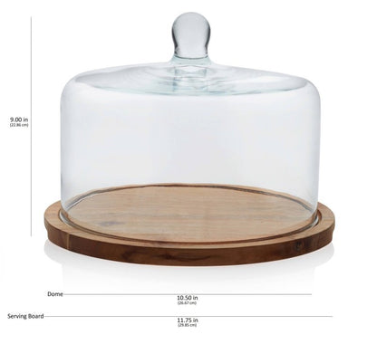 Libbey Acaciawood Flat Round Wood Server Cake Stand with Glass Dome - FCHF CITY