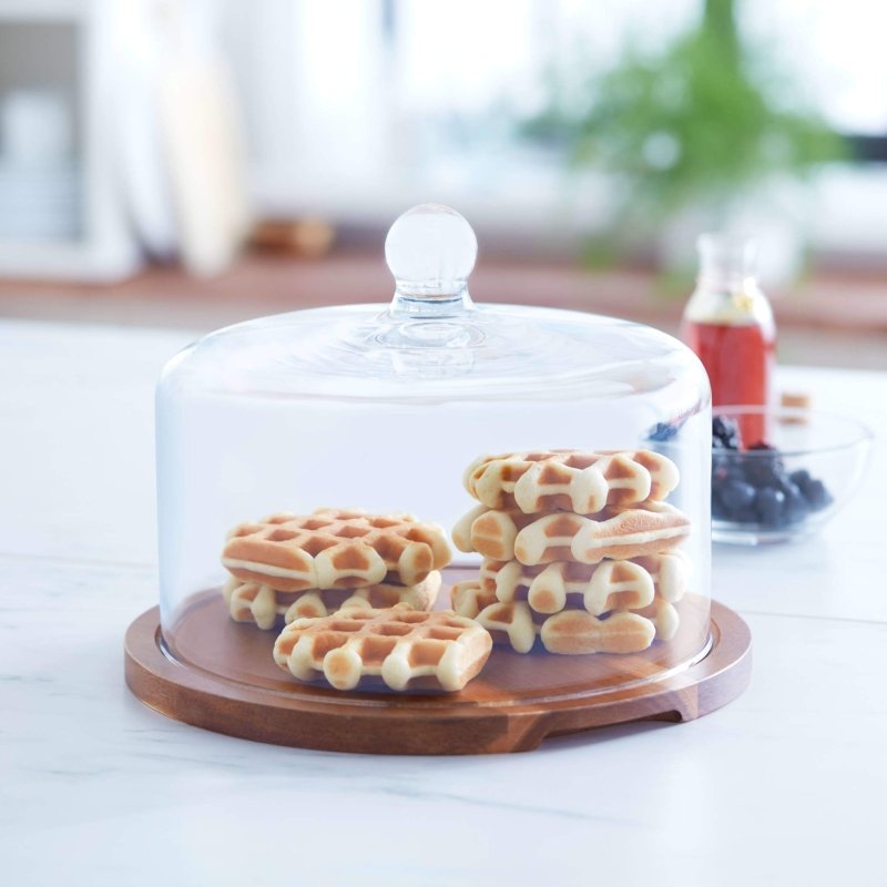 Libbey Acaciawood Flat Round Wood Server Cake Stand with Glass Dome - FCHF CITY