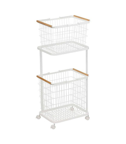 Rolling Laundry Cart + Wire Baskets - Steel + Wood - FCHF CITY