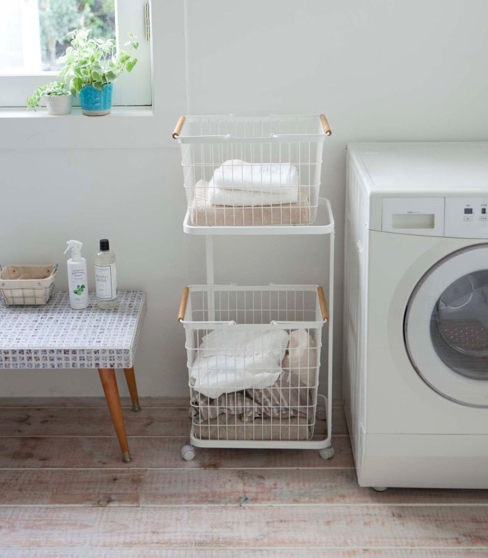 Rolling Laundry Cart + Wire Baskets - Steel + Wood - FCHF CITY
