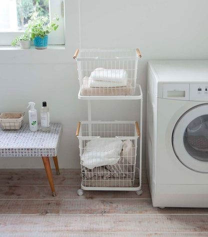 Rolling Laundry Cart + Wire Baskets - Steel + Wood - FCHF CITY
