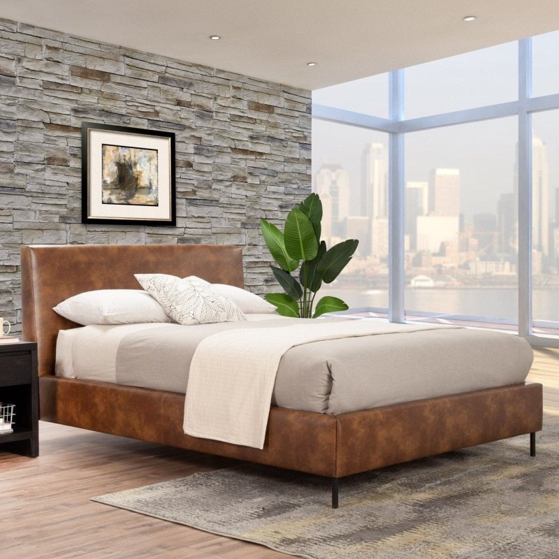 Sophia Faux Leather Platform Bed, Brown - FCHF CITY