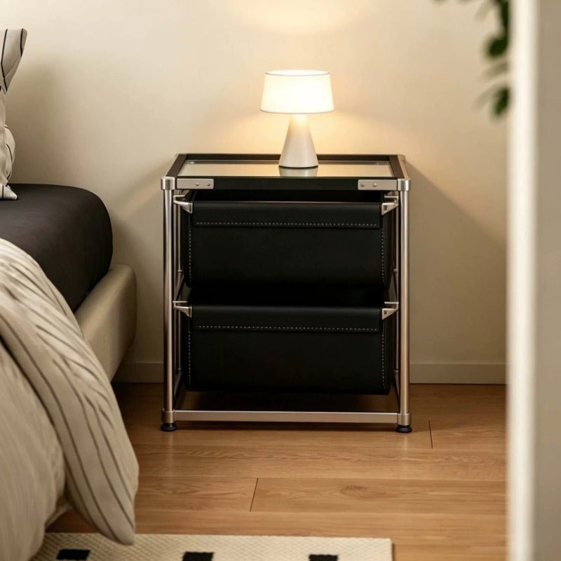 Stainless Steel PU Leather Drawer Storage Rack with Glass Top - FCHF CITY